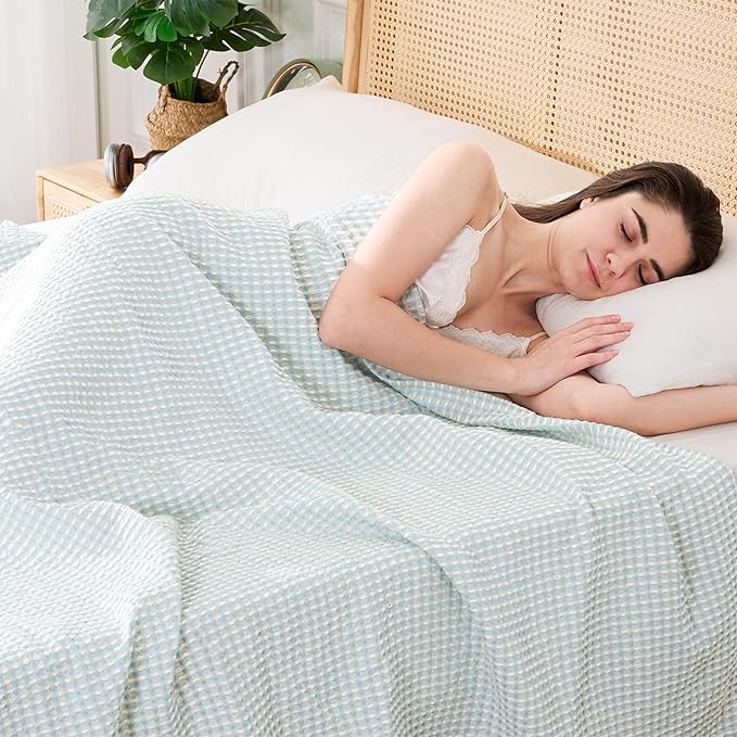 EGOHOME 100% Cotton Queen Size Blankets for Bed,Soft Jacquard Waffle Weave Blanket,Lightweight and Breathable Unique Dual-Tone Texture Cotton Blanket for All Seasons-Angel Falls Blue,90 x 90 Inches