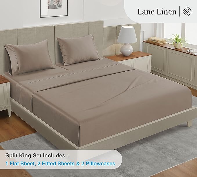 LANE LINEN Split King Sheet Set – 450 Thread Count 100% Cotton Cooling Sheets, Soft Breathable Sateen Weave, 15” Deep Pocket Fully Elasticized Fitted Sheet, Luxury Bedding Sheets & Pillowcases, Taupe