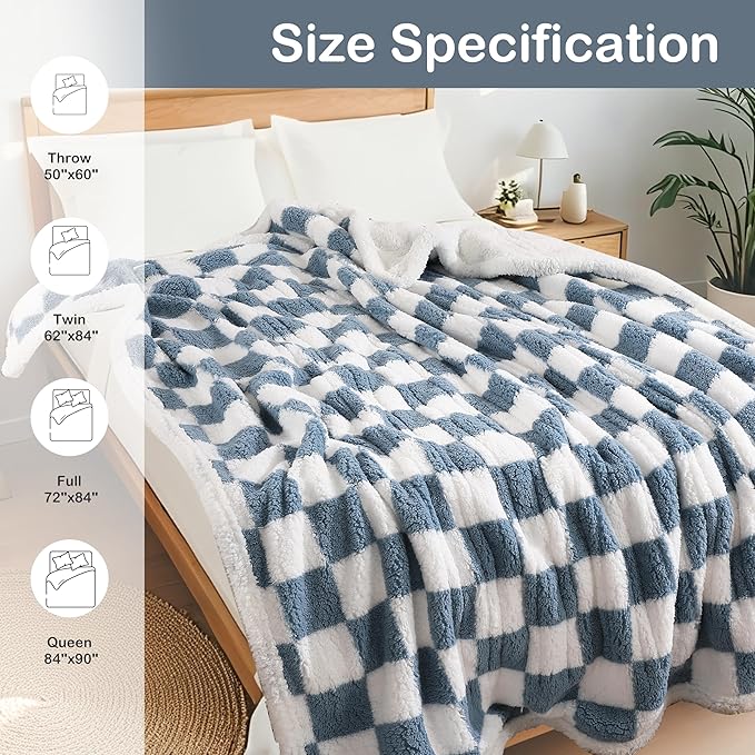 Electric Heated Blanket 6 Heating Settings & 1-10H Auto Off Full 72×84 Checkered Plaid Double Sided Plush Sherpa Ultra-Soft Warm Thick, Machine Washable, Fast Heating, Home Office Light Blue