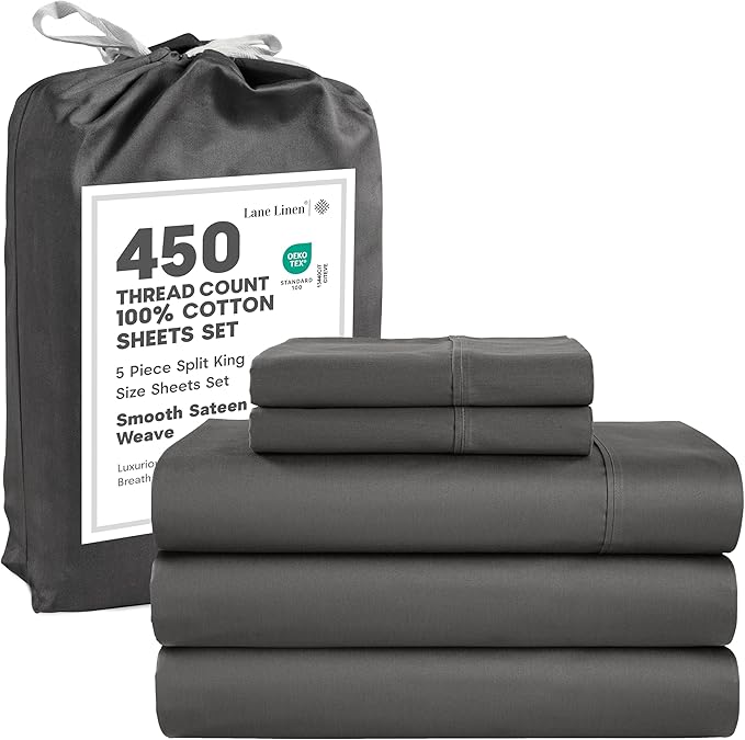 LANE LINEN Split King Cotton Sheets Sets for Adjustable Bed – 450 Thread Count Cooling Sateen Weave, Soft & Breathable, 15” Deep Pocket Fully Elasticized Fitted Sheet, Hotel Quality, Charcoal