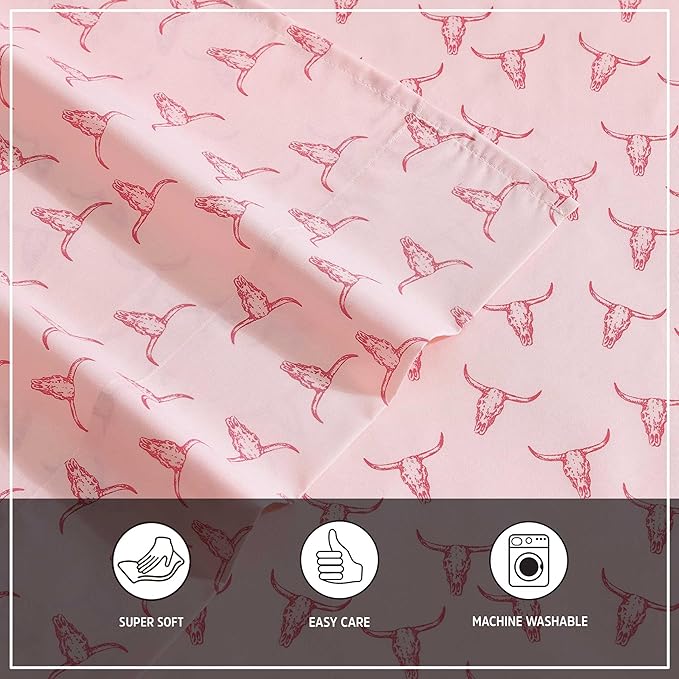 Wrangler - Twin Bed Sheets, Ultra-Soft & Lightweight Bedding with Matching Pillowcase, Lightweight Bed Set for All Season Comfort, Oeko-Tex Certified (Steer Skulls Pink)