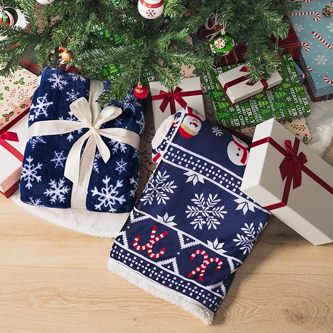 PAVILIA Premium Christmas Sherpa Throw Blanket | Blue Snowflake Decoration, Fleece, Plush, Warm, Cozy Reversible Microfiber Holiday Blanket 50 x 60 Inches