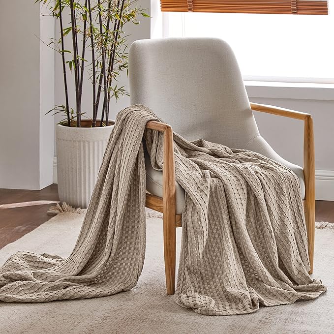 Bedsure Cooling Cotton Waffle Weave Throw Blanket - Lightweight Breathable Blanket of Rayon Derived from Bamboo for Hot Sleepers, Luxury Throws for Bed, Couch and Sofa, Taupe, 50x70 Inches
