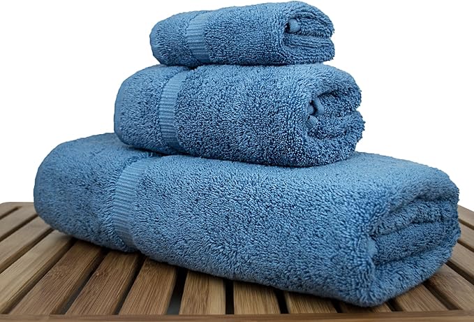 Luxury Hotel & Spa Quality, 100% Turkish Cotton, 750+ GSM, Eco Friendly Towel Set, Bathroom and Kitchen Dobby Border Towels, Bath Towel, Hand Towel, Washcloths (3 Piece, Wedgewood)