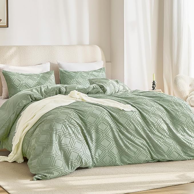JELLYMONI Duvet Cover Queen Size Light Green - 3PCS Boho Duvet Cover Set Plaid Polyester Tufted Bohemian Jacquard Knit Textured Comforter Cover 90×90in Rhombic Geometric Pattern Zipper Corner Tie