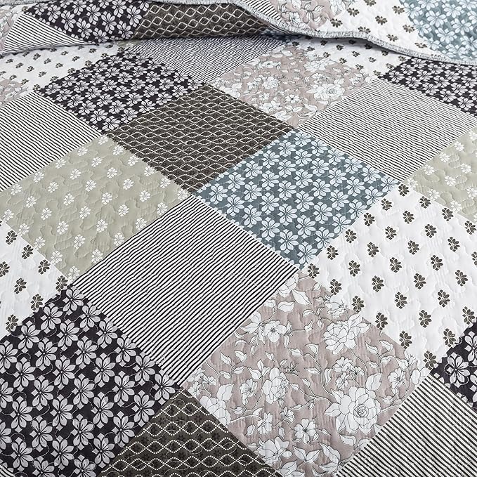 HoneiLife Queen Size Quilt Set - 3 Piece Microfiber Quilts Reversible Bedspreads Patchwork Coverlets Rustic Bedding Set for Queen Bed