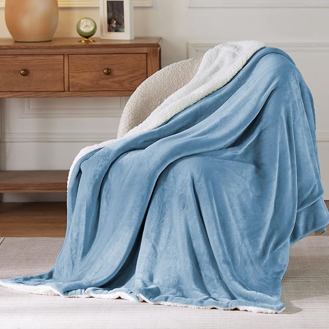 Bedsure GentleSoft Sherpa Fleece Throw Blanket for Couch - Thick and Warm Throw for Women and Men, Soft Fuzzy Plush Blanket for Winter, Washed Blue, 50x60 Inches