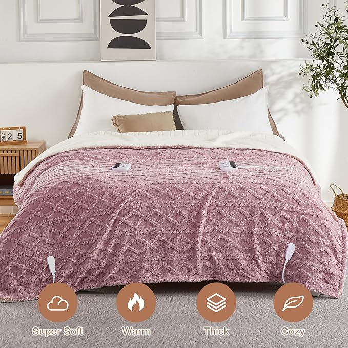 CAROMIO Electric Blanket Queen Size Dual Control - Thick Tufted Sherpa Heated Blanket Queen with 10 Heat Levels and 10 Time Settings, ETL Certified Fast Heating Blanket Queen Size 84"×90", Dusty Pink