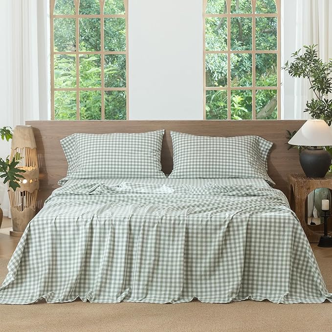 MooMee Gingham Sheet Set 100% Washed Cotton Linen Like Textured Breathable Soft w/Fully Elasticized 16-19" Deep Pocket (Classic Gingham Sage Green, Queen)