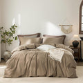 Stripe Duvet Cover King Size 104inch x 90inch,100% Washed Cotton Pinstripe Duvet Cover with Zipper Closure and 2 Pillowcases, Color of Light Camel-Black Stripe