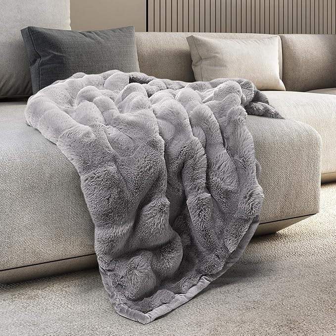 Mon Chateau 60" x 70" Hearthside Faux Fur Throw Blanket, Reversible Soft Blanket for Queen-Size Bed, Couch, or Sofa, Cozy Home Decor and Stylish Living Room Comfort, Fog Stone