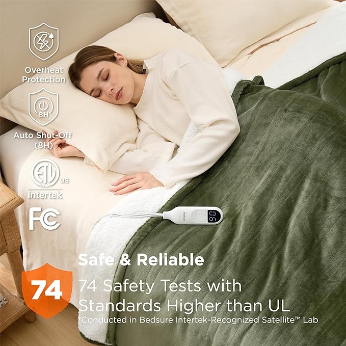 Bedsure Electric Blanket Full Size - Soft Flannel Heated Blanket, Fast Heating with 10 Time Settings & 6 Heat Settings, Warm Gift for Grandma (72x84 inches, Olive Green)