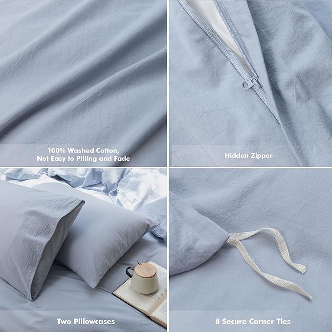 FOSSA Duvet Cover Set 100% Washed Cotton Linen Feel Super Soft Breathable Cozy 3 Pieces Bedding Sets Solid Cornflower Blue Queen