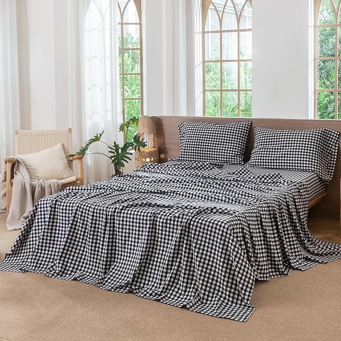 MooMee Gingham Sheet Set 100% Washed Cotton Linen Like Textured Breathable Soft w/Fully Elasticized 16-19" Deep Pocket (Classic Gingham Black White, Queen)