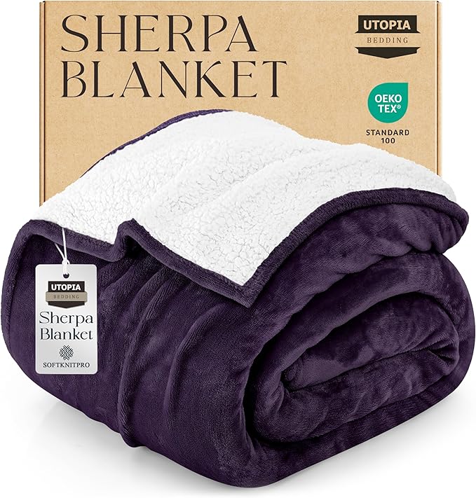 Utopia Bedding Sherpa Blanket California King Size (Plum, 102x96 Inches) - Soft Plush Fleece Reversible Blanket for Bed, Sofa, Couch, Camping and Travel