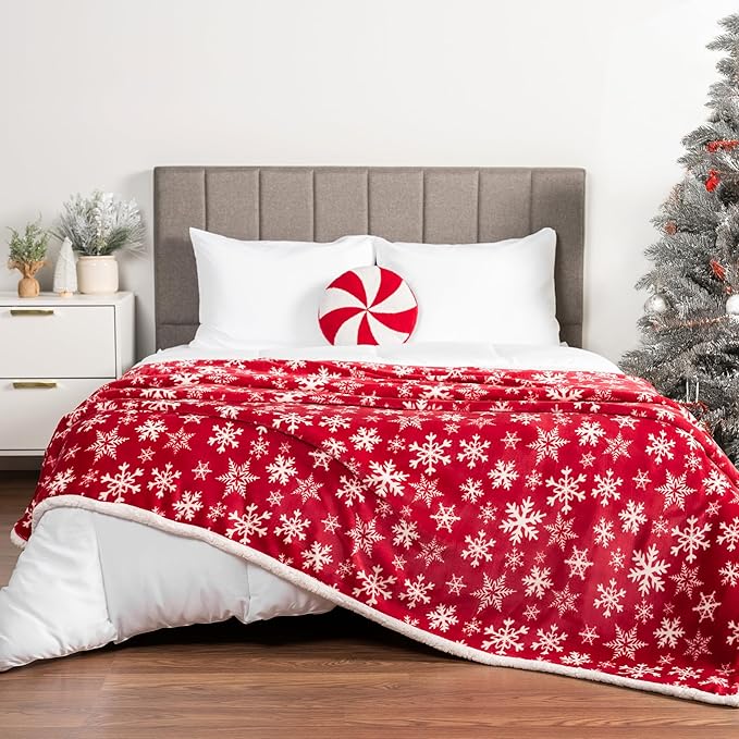 PAVILIA Premium Christmas Sherpa Throw Blanket | Red Snowflake Decoration, Fleece, Plush, Warm, Cozy Reversible Microfiber Holiday Blanket 60 x 80 Inches