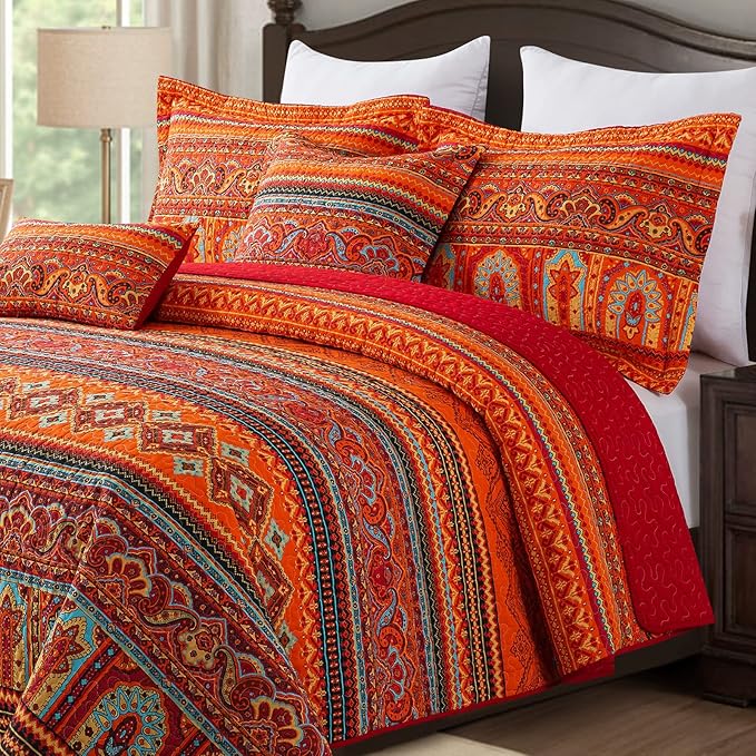 BEDIFANY Cotton California King Quilt Set - Lightweight Boho Bedspread Oversized King Size - Colorful Orange Stripe King Size Quilt Bedding Sets (108 * 118 Inch) for Bed Decorations Coverlet, 3 Pieces