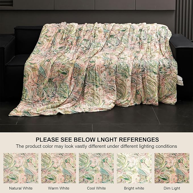 Cyusri Floral Print Cooling Comforter Set 2Pcs Breathable Cool Twin Size Bedding Set with 1 Pillowcase Green Pink Flowers Pattern Silky Cold Quilt, 68"x90"
