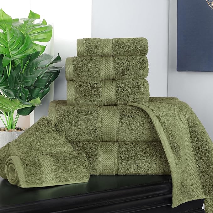 Superior Egyptian Cotton Pile 8 Piece Towel Set, Includes 2 Bath, 2 Hand, 4 Face Towels/Washcloths, Ultra Soft Luxury Towels, Thick Plush Essentials, Guest Bath, Spa, Hotel Bathroom, Forest Green