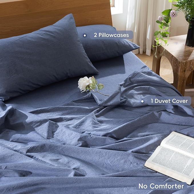 MooMee Bedding Duvet Cover Set 100% Washed Cotton Linen Like Textured Breathable Durable Soft Comfy (Heathered Blue, King 104"x90")