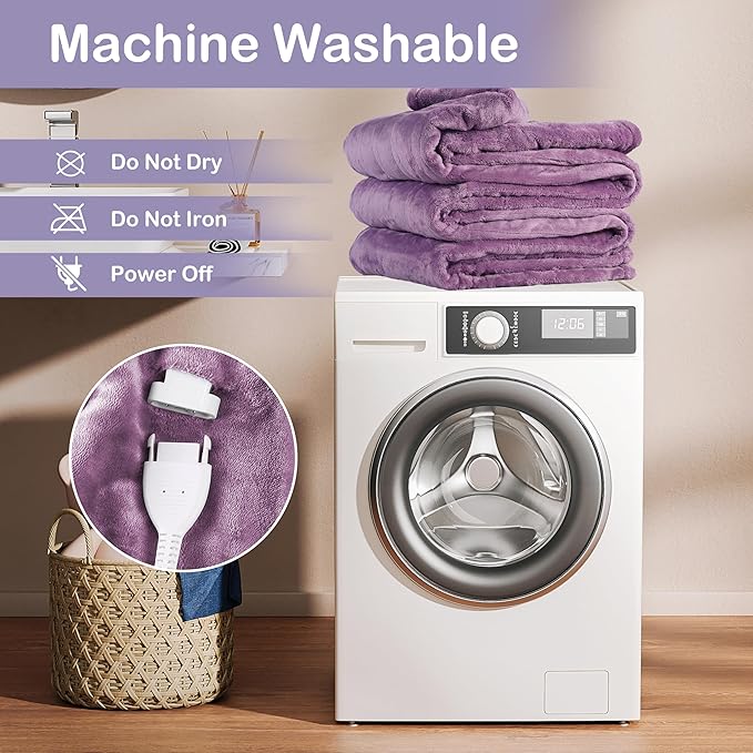 Electric Heated Blanket Queen Size 84"x90", Dual Controllers, Cozy Large Oversized, 5 Heating Levels & 10 Hours Auto Off, Cozy for Bed, Sofa, & Office, Machine Washable, Purple