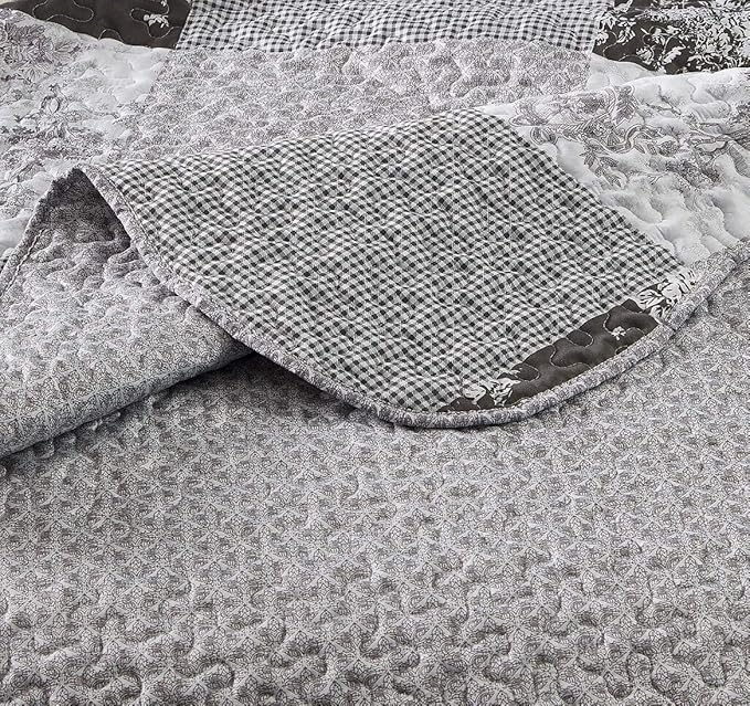 Brilliant Sunshine Grey Toile Floral Patchwork, 3-Piece Quilt Set with 2 Shams, Reversible Bedspread, Soft Lightweight Coverlet, All-Season, King, Grey