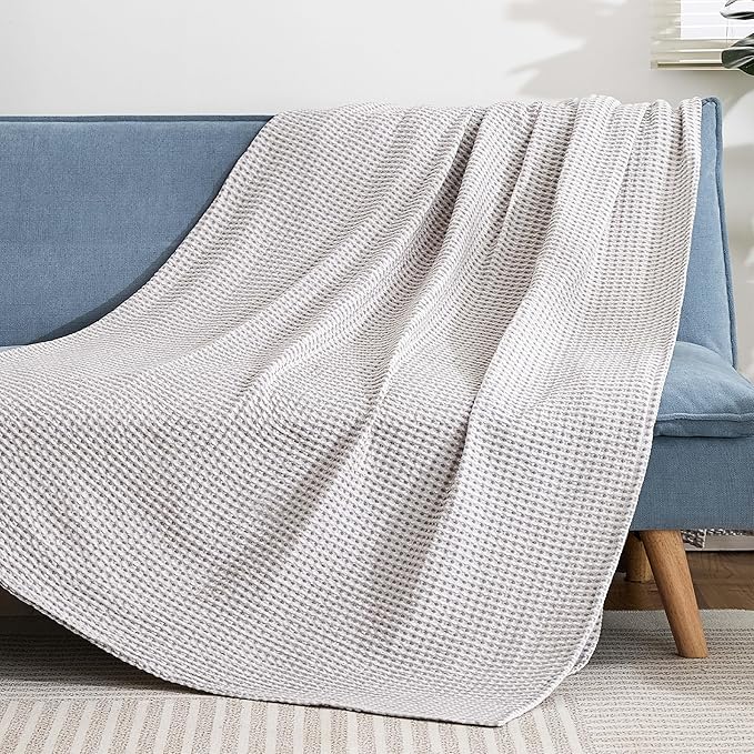 EGOHOME 100% Cotton Waffle Blanket Twin Size for Bed-Breathable and Lightweight,Soft Dual-Tone Textured Jacquard Waffle Weave Blankets for All Season,Sleet Grey,60 x 80 Inches