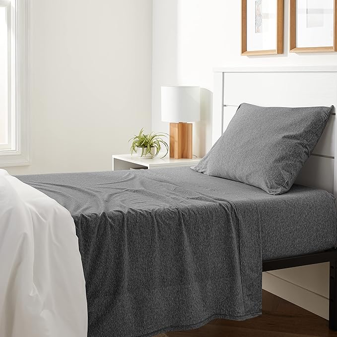 Amazon Basics 3 Piece Bed Sheet Set, 100% Cotton Jersey, Includes Super Soft, Flat and Fitted Sheets, Pillowcase, Twin, Dark Gray, Solid