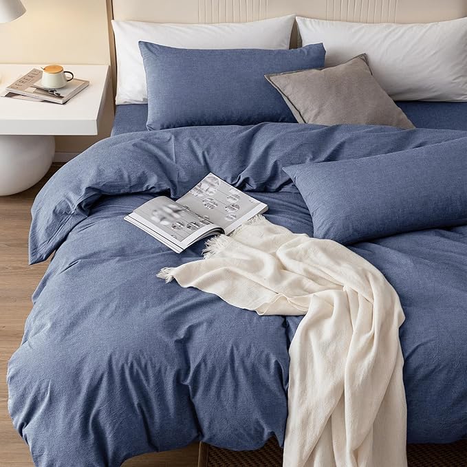 JIYUAN 100% Washed Cotton Duvet Cover Set 3 Pieces Full, 1 Duvet Cover 80x90 Inches(Comforter Not Included) and 2 Pillowcases,Linen Like Comfy and Breathable,Heathered Blue