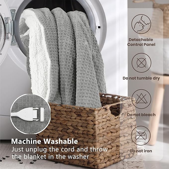 Heated Blanket Electric Blanket King Waffle,90x100 Inches Sherpa Fleece Fast Heating Blanket 6 Heating Levels & 10 Hours Auto Off ETL Certification, Grey King