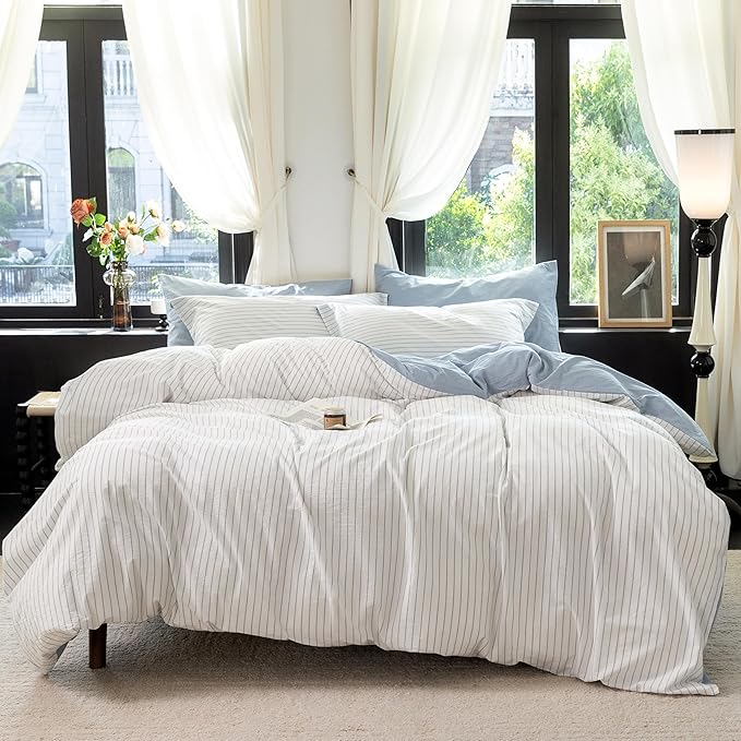 Reversible Duvet Cover Set 100% Washed Cotton Sky Blue Stripe Linen Feel Duvet Cover King Size with Zipper Closure & 2 Pillow Shams,Sky Blue/White Stripe Reverse Solid Sky Blue