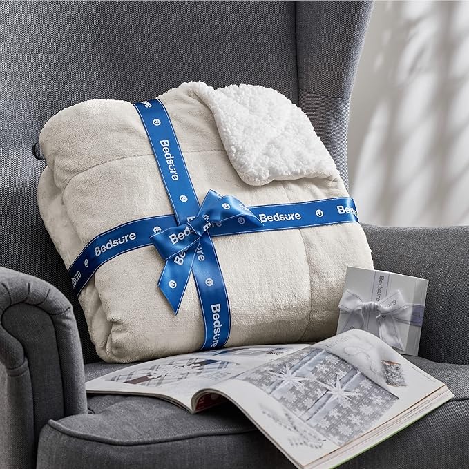 Bedsure GentleSoft Sherpa Fleece Blankets King Size for Bed - Thick and Warm Throw for Women and Men, Soft Fuzzy Plush King Blanket for Winter, Linen, 108x90 Inches