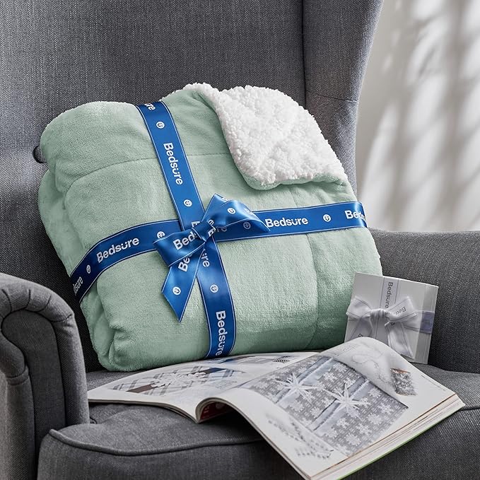 Bedsure GentleSoft Sherpa Fleece Blankets Queen Size for Bed - Thick and Warm Throw for Women and Men, Soft Fuzzy Plush Queen Blanket for Winter, Sage Green, 90x90 Inches