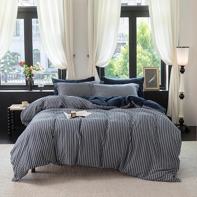 Reversible Duvet Cover Set 100% Washed Cotton Blue Stripe Linen Feel Duvet Cover Queen Size with Zipper Closure & 2 Pillow Shams,Navy/White Stripe Reverse Solid Navy