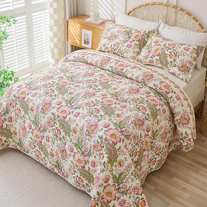 Cmfshape Floral Quilt Sets Bedspread Set 100% Cotton Bedding Set, All Season Use Lightweight Reversible Coverlet Quilts with 2 Pillow Shams(King 106"x96")