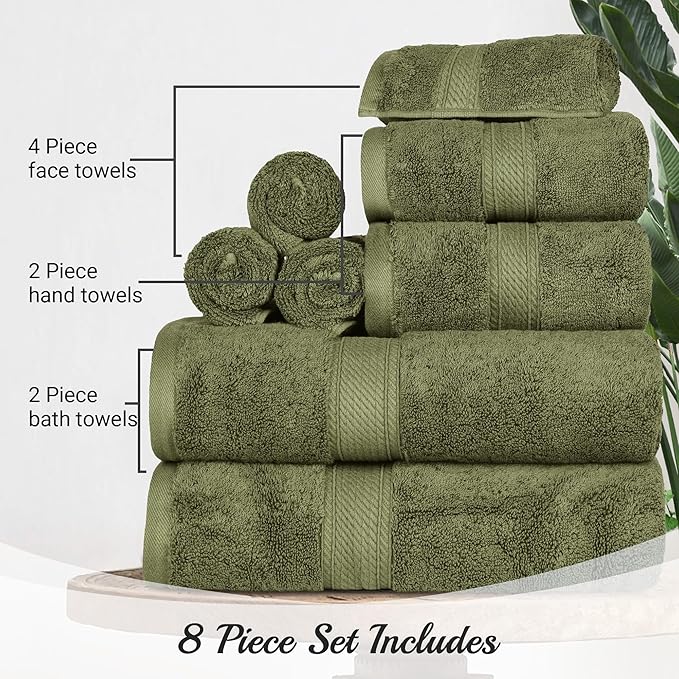 Superior Egyptian Cotton Pile 8 Piece Towel Set, Includes 2 Bath, 2 Hand, 4 Face Towels/Washcloths, Ultra Soft Luxury Towels, Thick Plush Essentials, Guest Bath, Spa, Hotel Bathroom, Forest Green