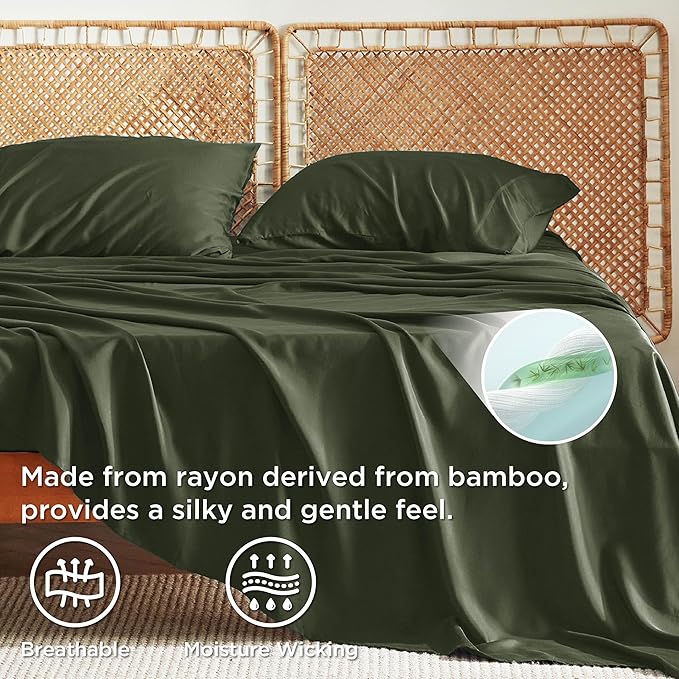 Bedsure Full Size Bed Sheets, Cooling Sheets, Rayon Derived from Bamboo, Breathable & Soft, Deep Pocket Up to 16 Inches, Hotel Luxury Silky Bedding for Hot Sleepers, Olive Green
