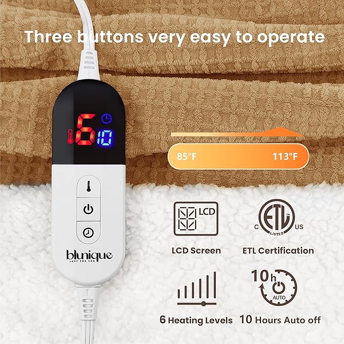 Heated Blanket Electric Blanket Twin Waffle, 62x84 Inches Sherpa Fleece Fast Heating Blanket 6 Heating Levels & 10 Hours Auto Off ETL Certification, Caramel Twin