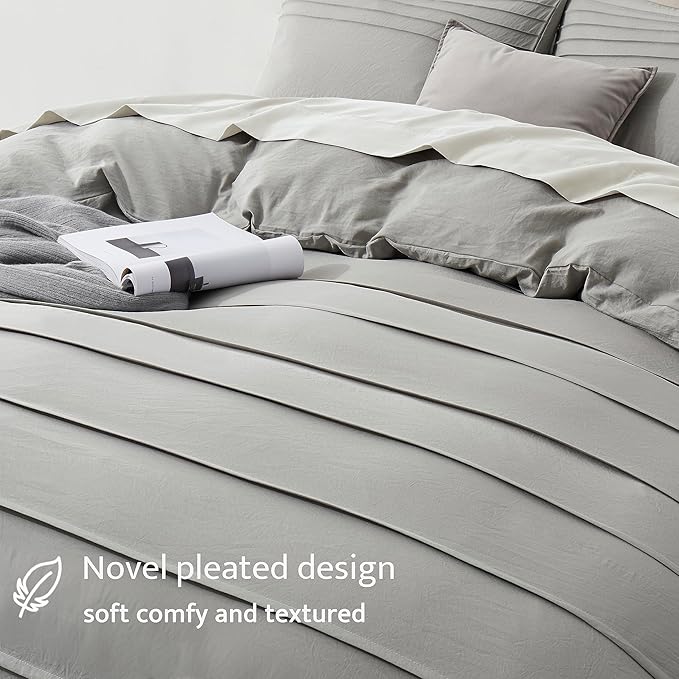 Oli Anderson Light Grey Duvet Cover Size - Pleated Queen Duvet Cover, 3PCS Soft and Breathable Textured Bedding Set with Zipper Closure(Light Grey,90"x90")