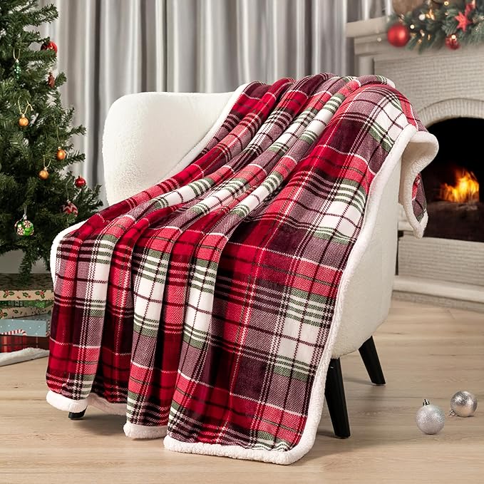 PAVILIA Christmas Plaid Blanket | Sherpa Fleece Flannel Throw Blanket | Christmas Plaid Warm Plush Microfiber Blanket for Couch Sofa | 50x60 Inches