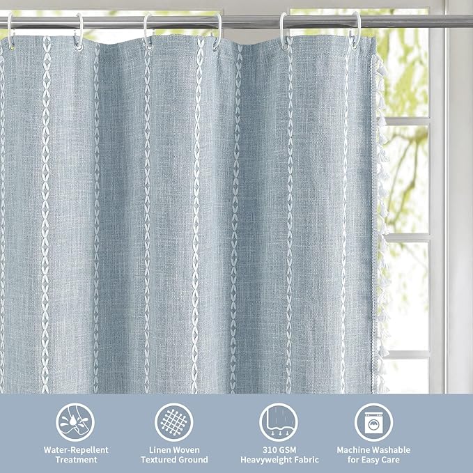 MitoVilla Boho Extra Long Shower Curtain 72 x 96, Blue Modern Farmhouse 96 inch XL Polyester Linen Texture Tassel Fabric Shower Curtain Set with Hooks for Cottagecore Country Bathroom Decor,Blue