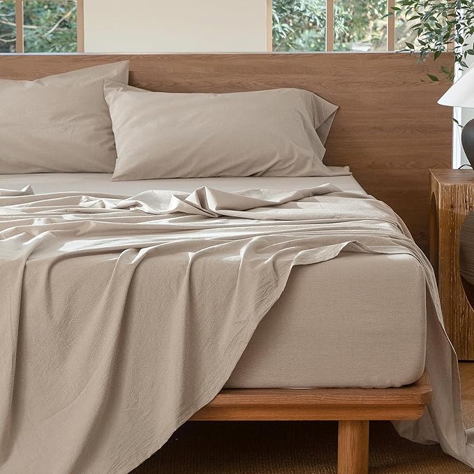 MooMee Bedding Sheet Set 100% Washed Cotton Linen Like Textured Breathable Durable Soft Comfy (Heathered Tannish Linen Grey, California King)