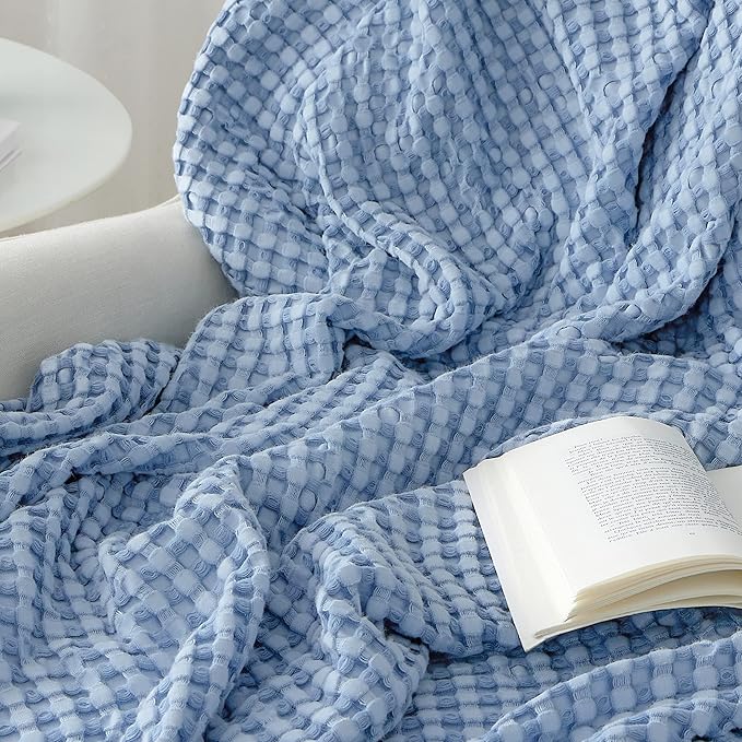 Bedsure Cooling Cotton Waffle Queen Size Blanket - Lightweight Breathable Blanket of Rayon Derived from Bamboo for Hot Sleepers, Luxury Throws for Bed, Couch and Sofa, Sky Blue, 90x90 Inches
