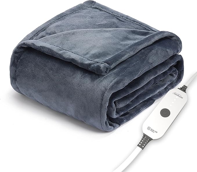 Sunbeam Royal Posh Velvet Heated Throw Electric Blanket, 50" x 60", 4 Heat Settings, 4-Hour Auto Shut-Off, Warming Throw for Couch, Fast Heating, Machine Washable, Warm and Cozy, Rain Storm Blue