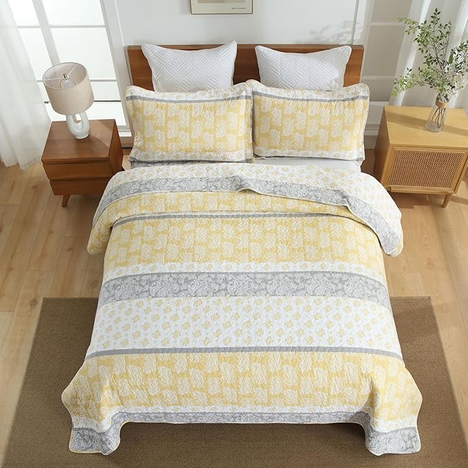 Quilt King Size, Cotton King Size Comforter Set, Yellow Grey White Bedding, Farmhouse Striped Bed Set, Lightweight Bedspread All Seasons 3 Piece