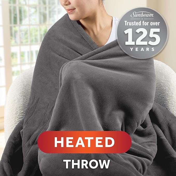 Sunbeam Electric Throw Royal Luxe Microplush Heated Blanket, 4 Heat Settings, 4-Hour Auto Shut-Off, Fast Heating, Warm and Cozy, Dove Grey Color, 50" x 60"