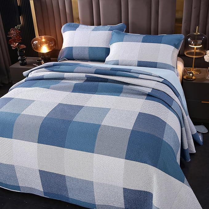 vctops Cotton Quilted Patchwork Quilt Set Queen Size Farmhouse Blue Plaid Bedspreads Coverlet 3 Pieces Summer Lightweight 1 Quilt and 2 Pillow Shams for All Season (Plaid A,Queen)