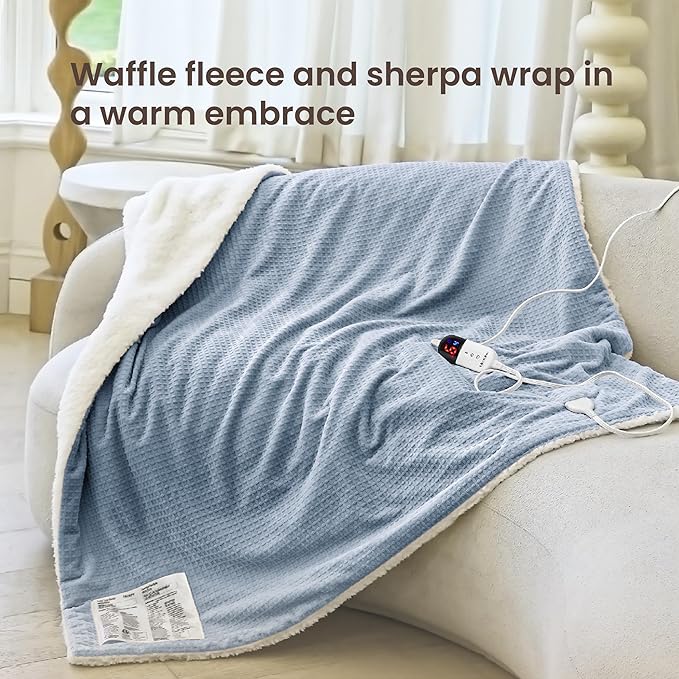 Heated Blanket Electric Blanket Twin Waffle, 62x84 Inches Sherpa Fleece Fast Heating Blanket 6 Heating Levels & 10 Hours Auto Off ETL Certification,Haze Blue Twin