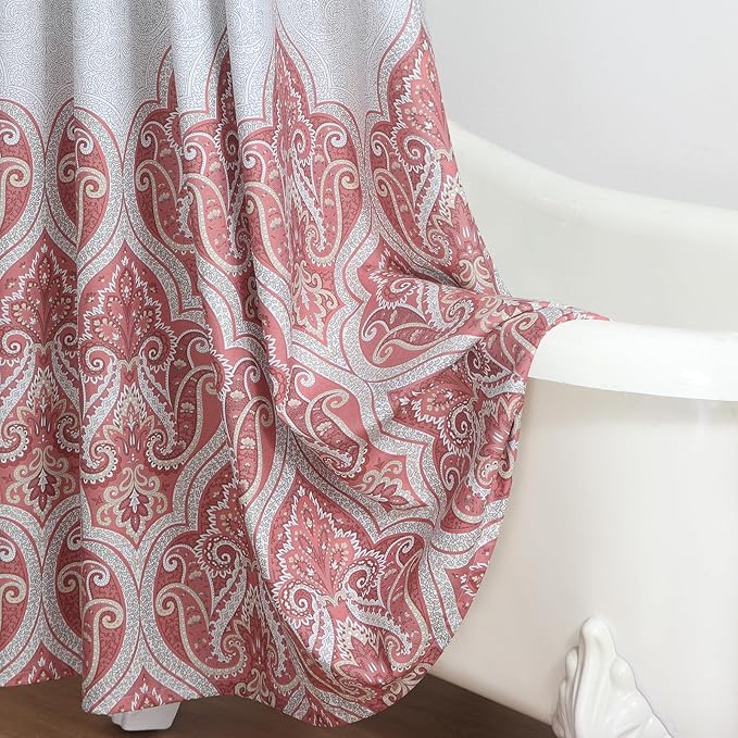 Long Shower Curtain 78 Inches, Water Repellent Brushed Microfiber with Terracotta & Gray Bohemian Print, 12 Metal Grommets & Weighted Hem, 72x78 Inches