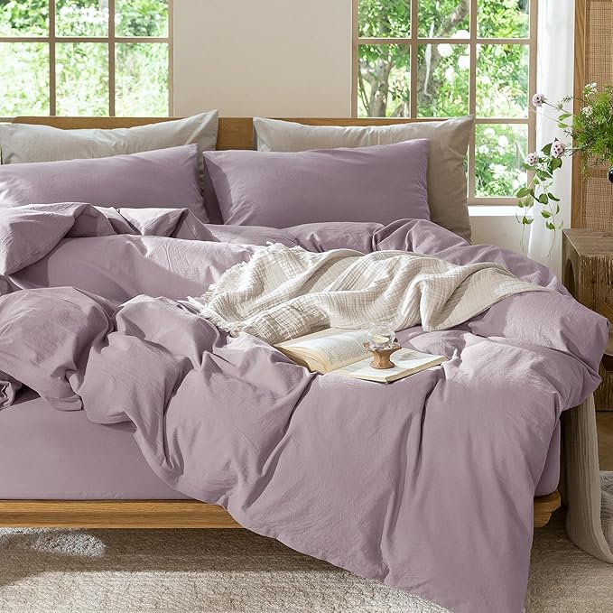 MooMee Bedding Duvet Cover Set 100% Washed Cotton Linen Like Textured Breathable Durable Soft Comfy (Solid Taro Purple, Full 80"x90")